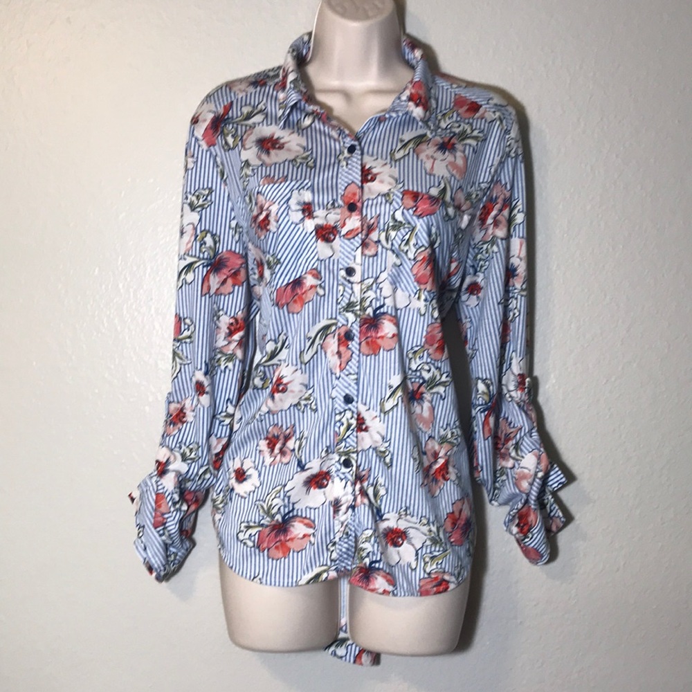 Passport button down floral striped top
